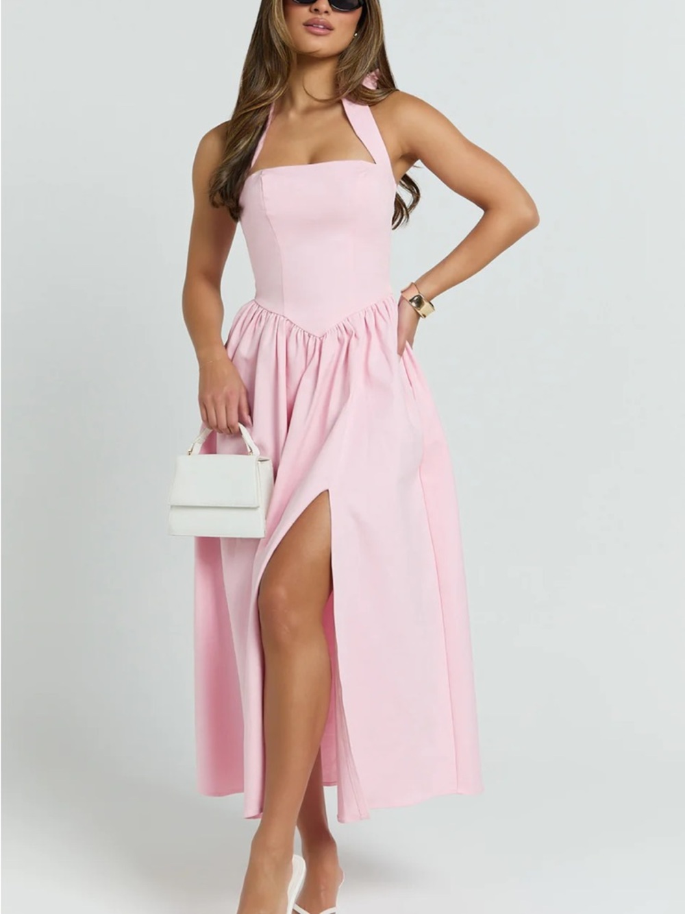 Showpo Pale Pink Halter Midi Dress with Front Slit: Helda Midi Dress, halter tie - Picture 3 of 4